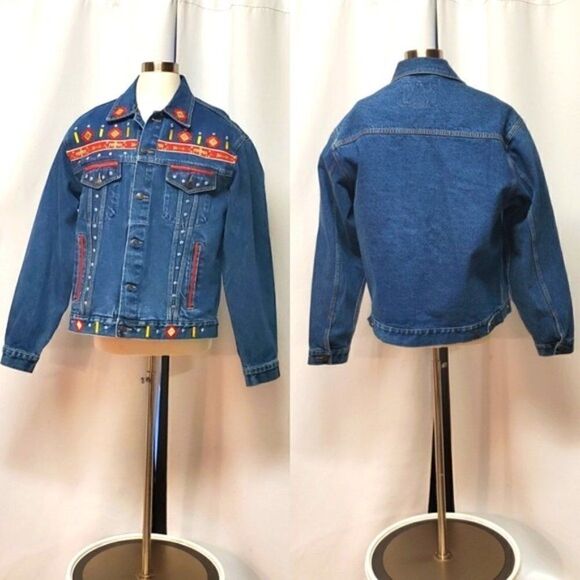 Vintage Gepetto 90s y2k Southwest Aztec Thunderbird Trucker Jean Jacket Lg - Picture 2 of 11